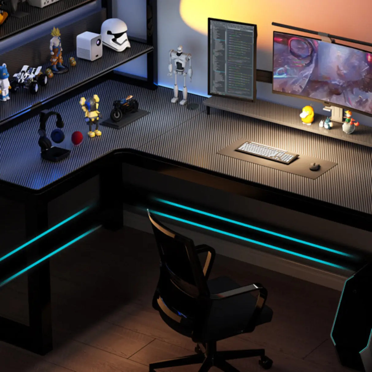 Black L-Shape Wooden Gaming Desk with Cord Management Image - 7