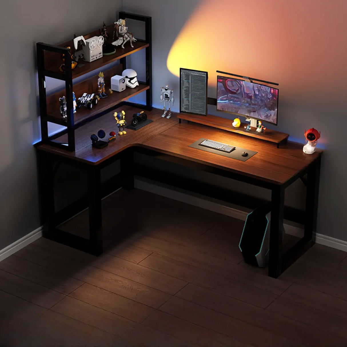 Black L-Shape Wooden Gaming Desk with Cord Management Image - 8