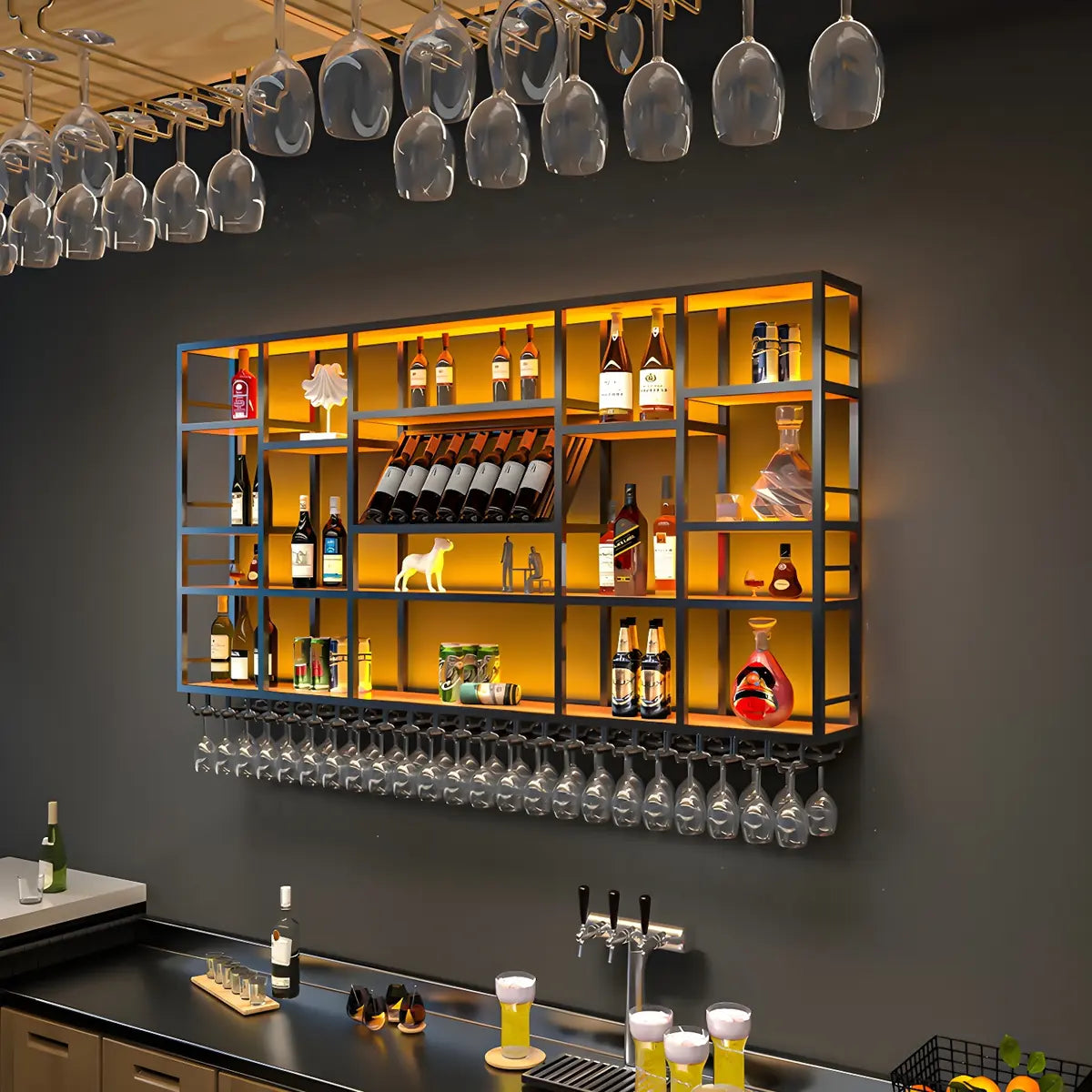 Black Large Modern Metal Bar Floating Wall Wine Rack Image - 5