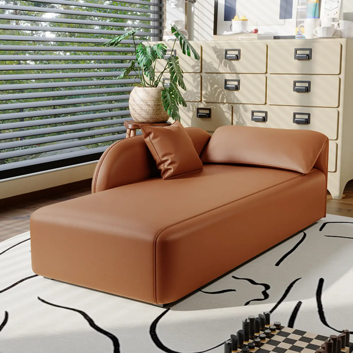 Black Leather Modern Reclining Chaise Lounge with Pillow Image - 9