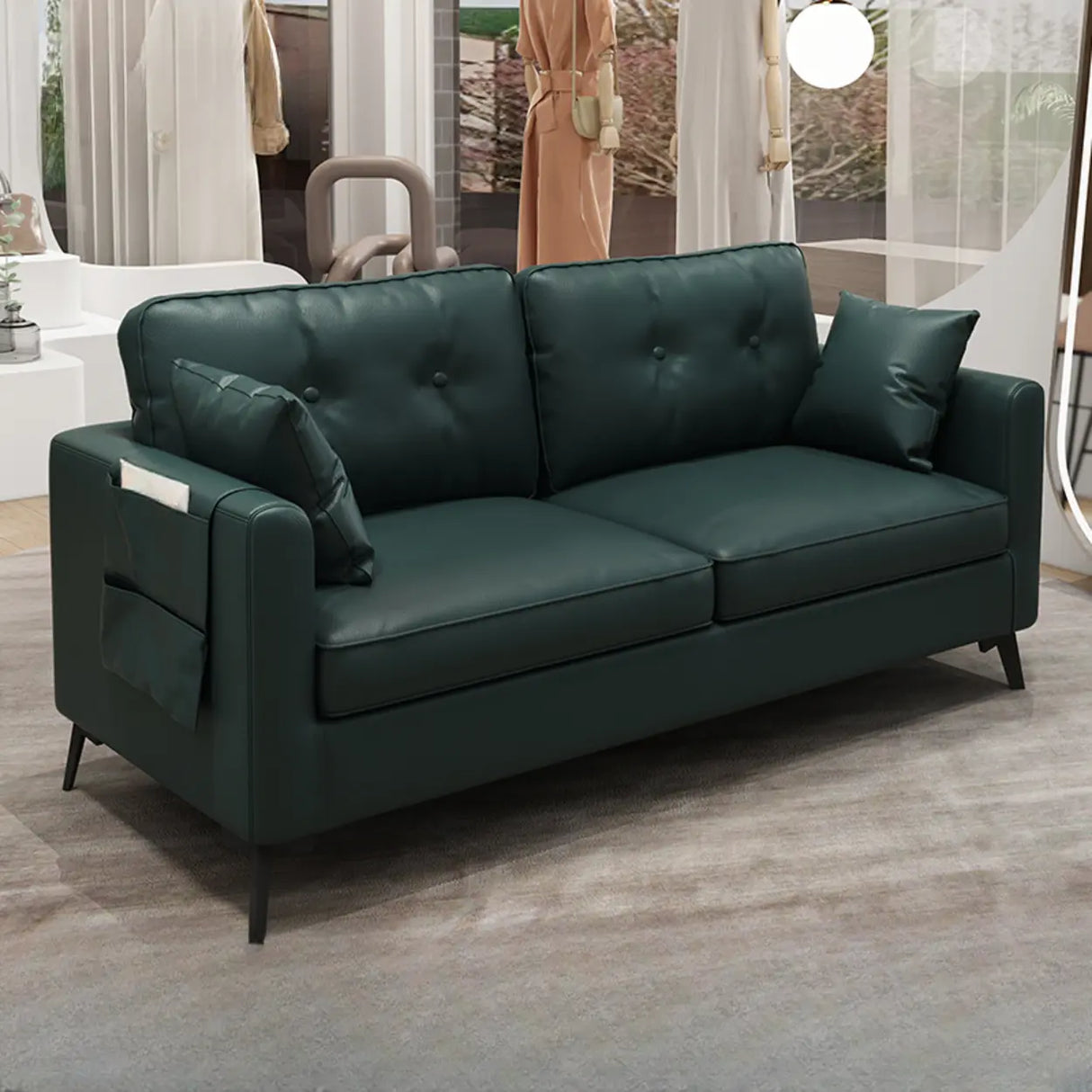 Black Leather Tufted Back Pillow Top Arm Loveseat Image - 11