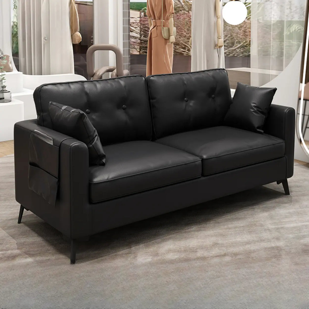 Black Leather Tufted Back Pillow Top Arm Loveseat Image - 2