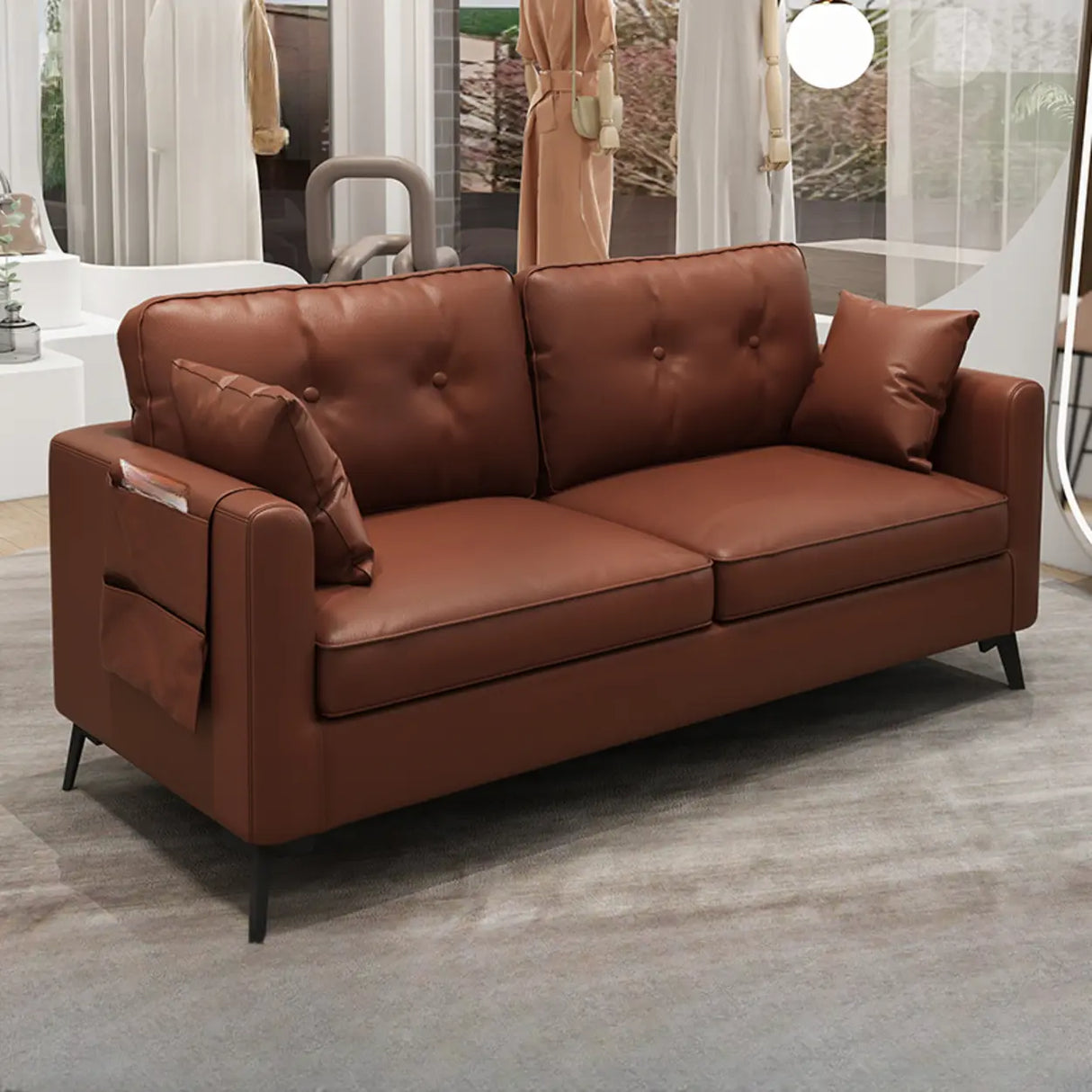 Black Leather Tufted Back Pillow Top Arm Loveseat Image - 3