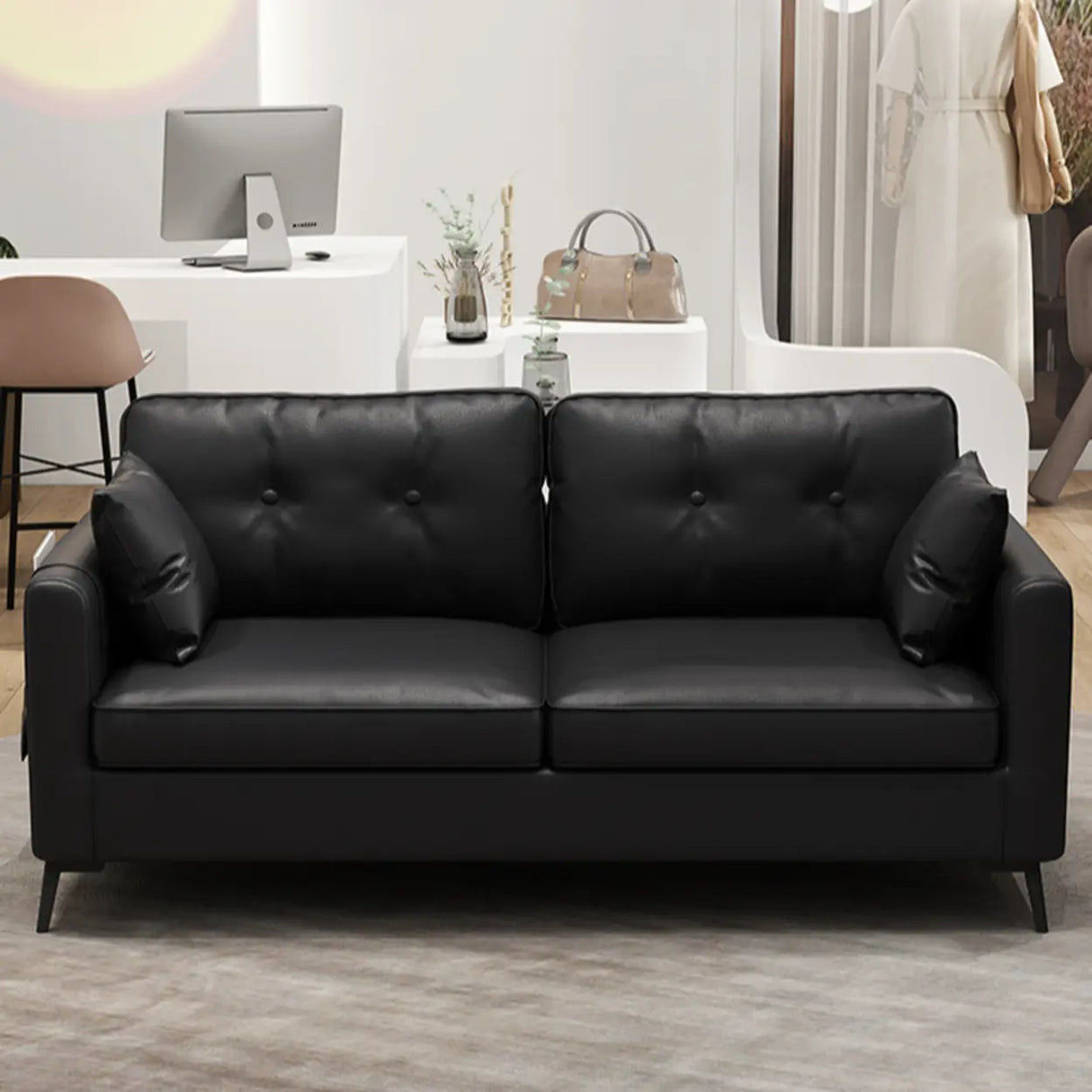 Black Leather Tufted Back Pillow Top Arm Loveseat Image - 4