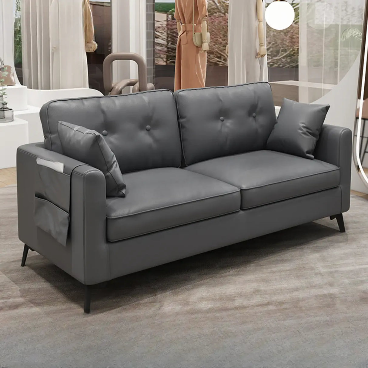 Black Leather Tufted Back Pillow Top Arm Loveseat Image - 5