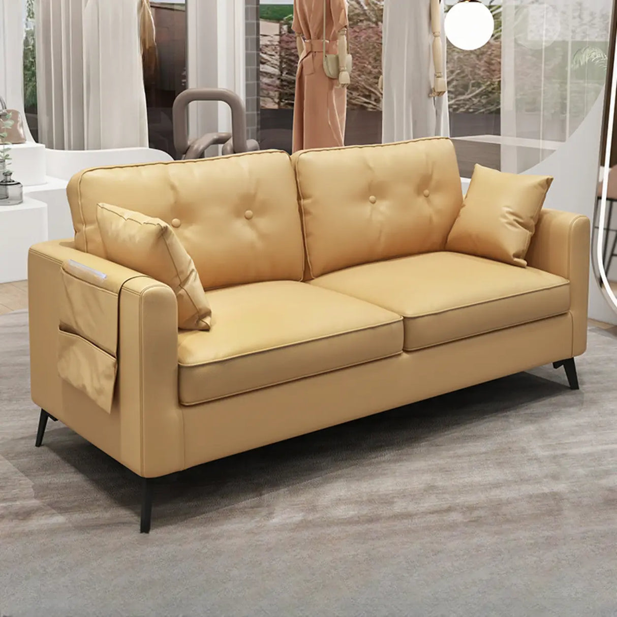 Black Leather Tufted Back Pillow Top Arm Loveseat Image - 7