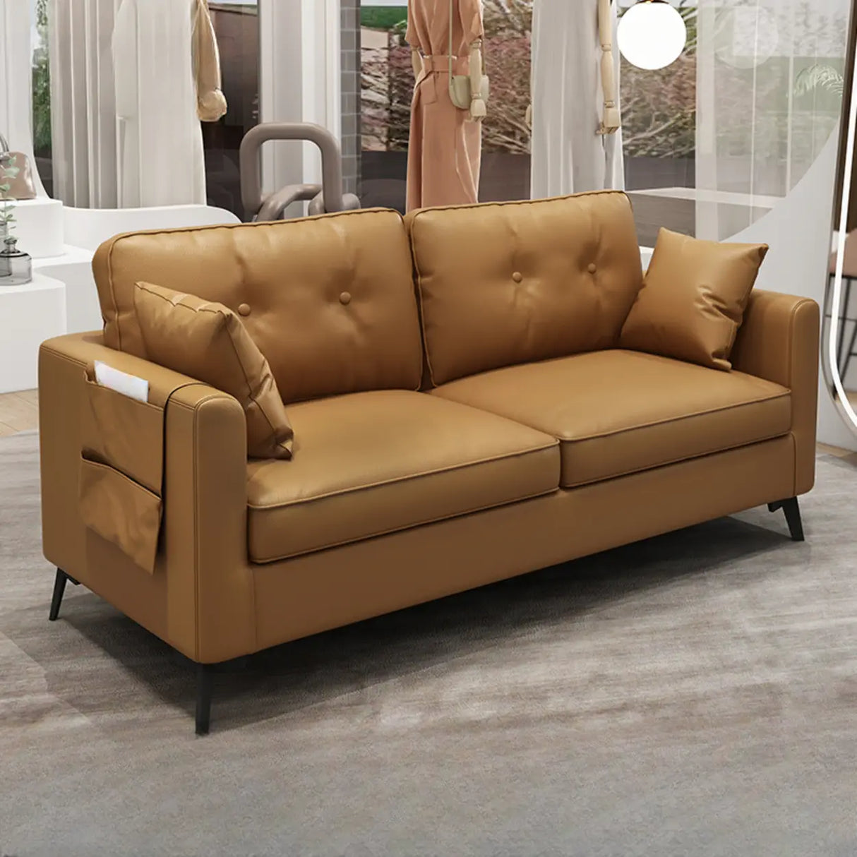 Black Leather Tufted Back Pillow Top Arm Loveseat Image - 9