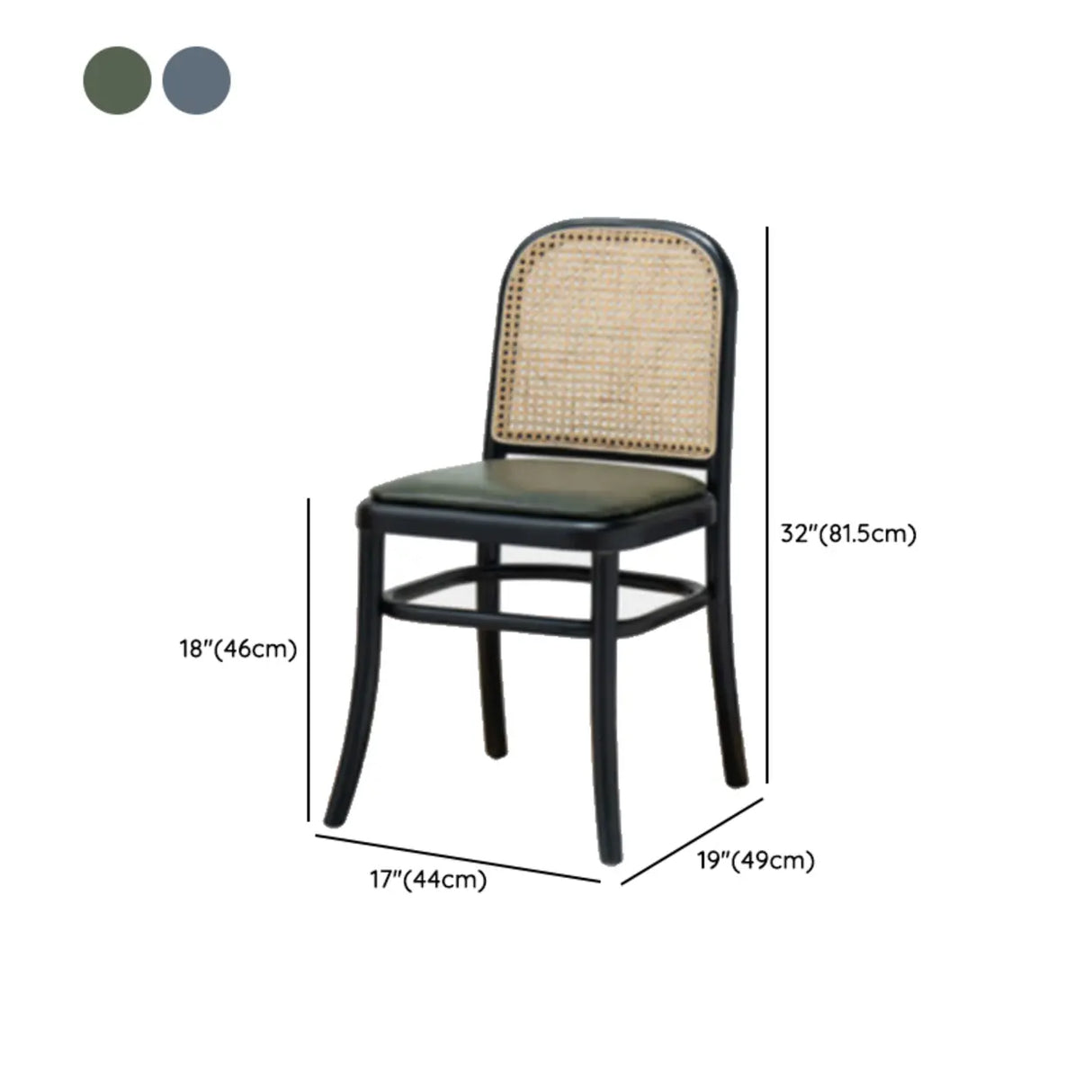 Black Leather Upholstered Seat Rattan Back Dining Chair