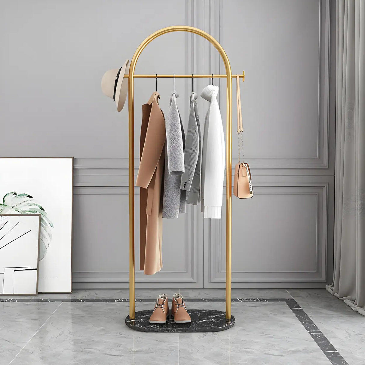 Black Marble Base Arched Metal Freestanding Coat Rack Image - 4