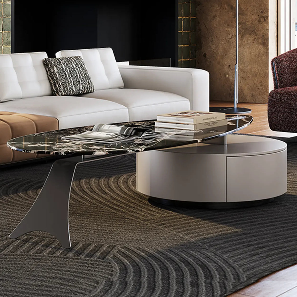 Black Marble Free Form Metal Base Storage Coffee Table Image - 11