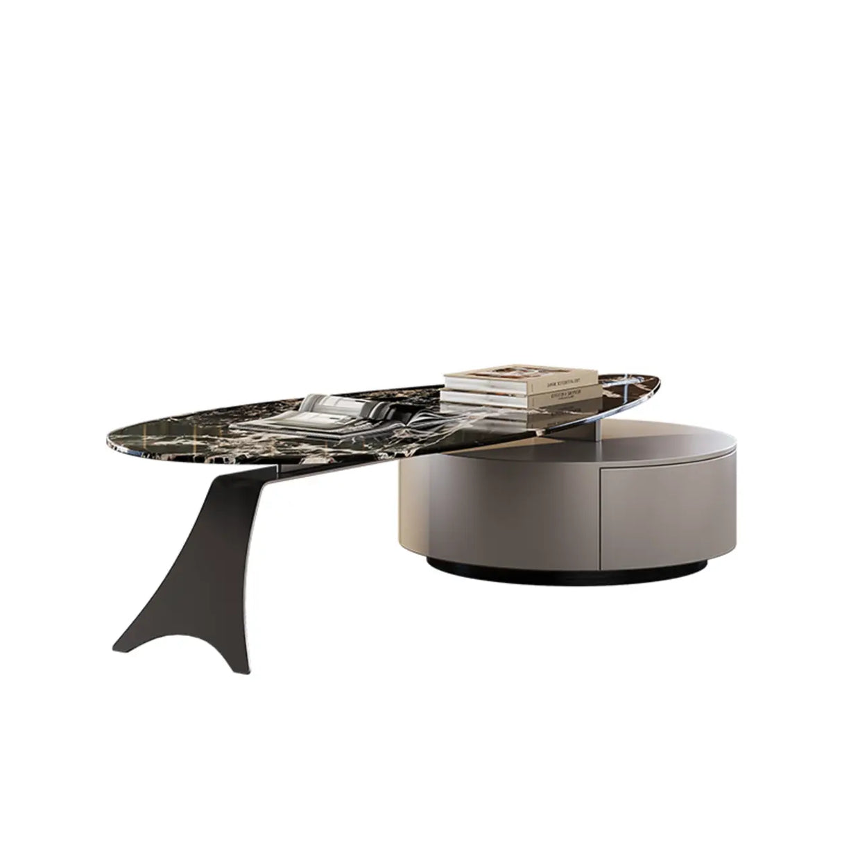 Black Marble Free Form Metal Base Storage Coffee Table Image - 2