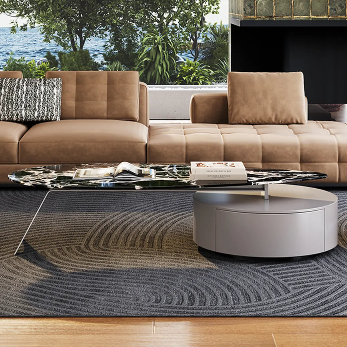 Black Marble Free Form Metal Base Storage Coffee Table Image - 7