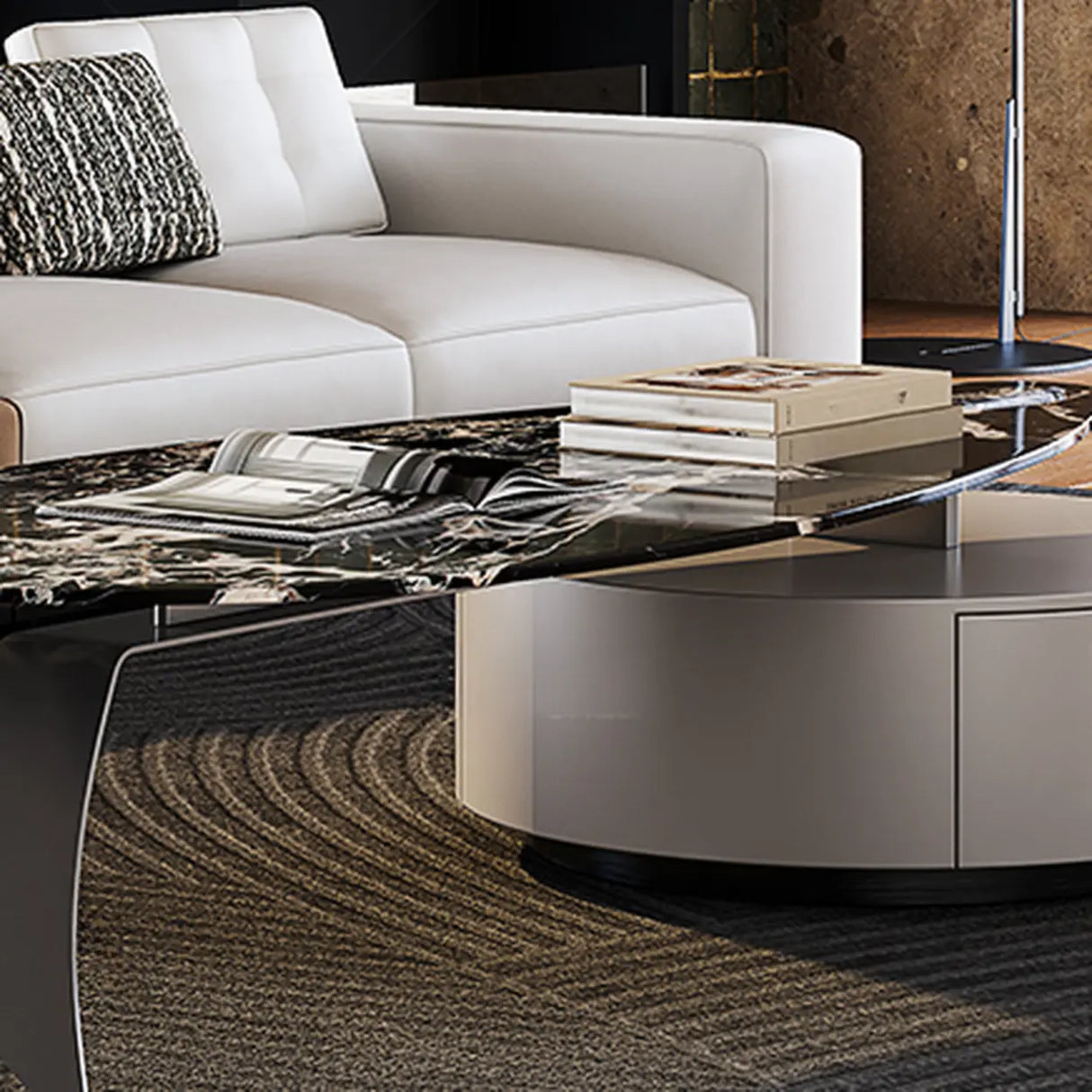 Black Marble Free Form Metal Base Storage Coffee Table Image - 9