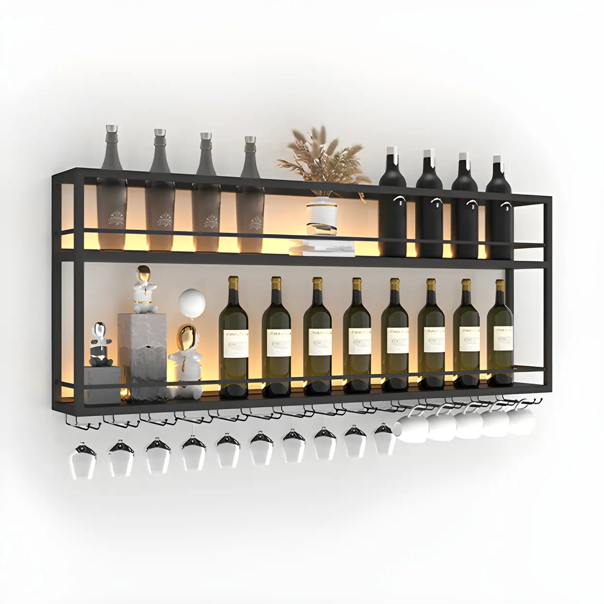 Black Metal Floating Stackable Wall Mounted Wine Rack Image - 7