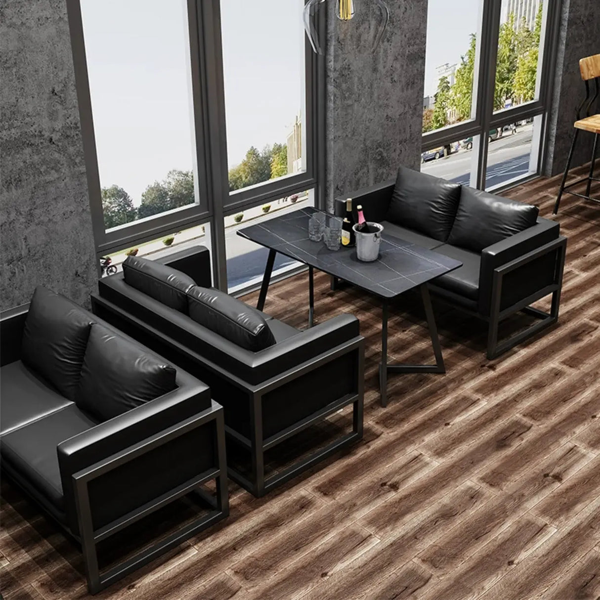 Black Metal Frame Faux Leather Loveseat with Legs Image - 1