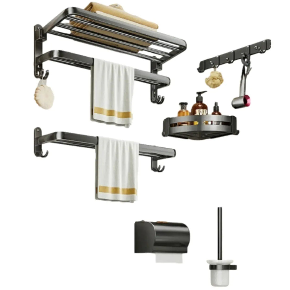 Black Metal Mounting Hardware Bathroom Shelf Set with Hooks Image - 10