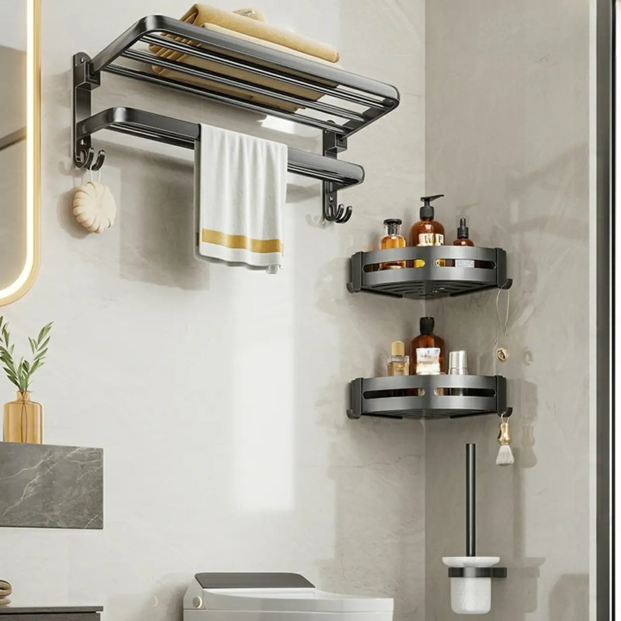 Black Metal Mounting Hardware Bathroom Shelf Set with Hooks Image - 11