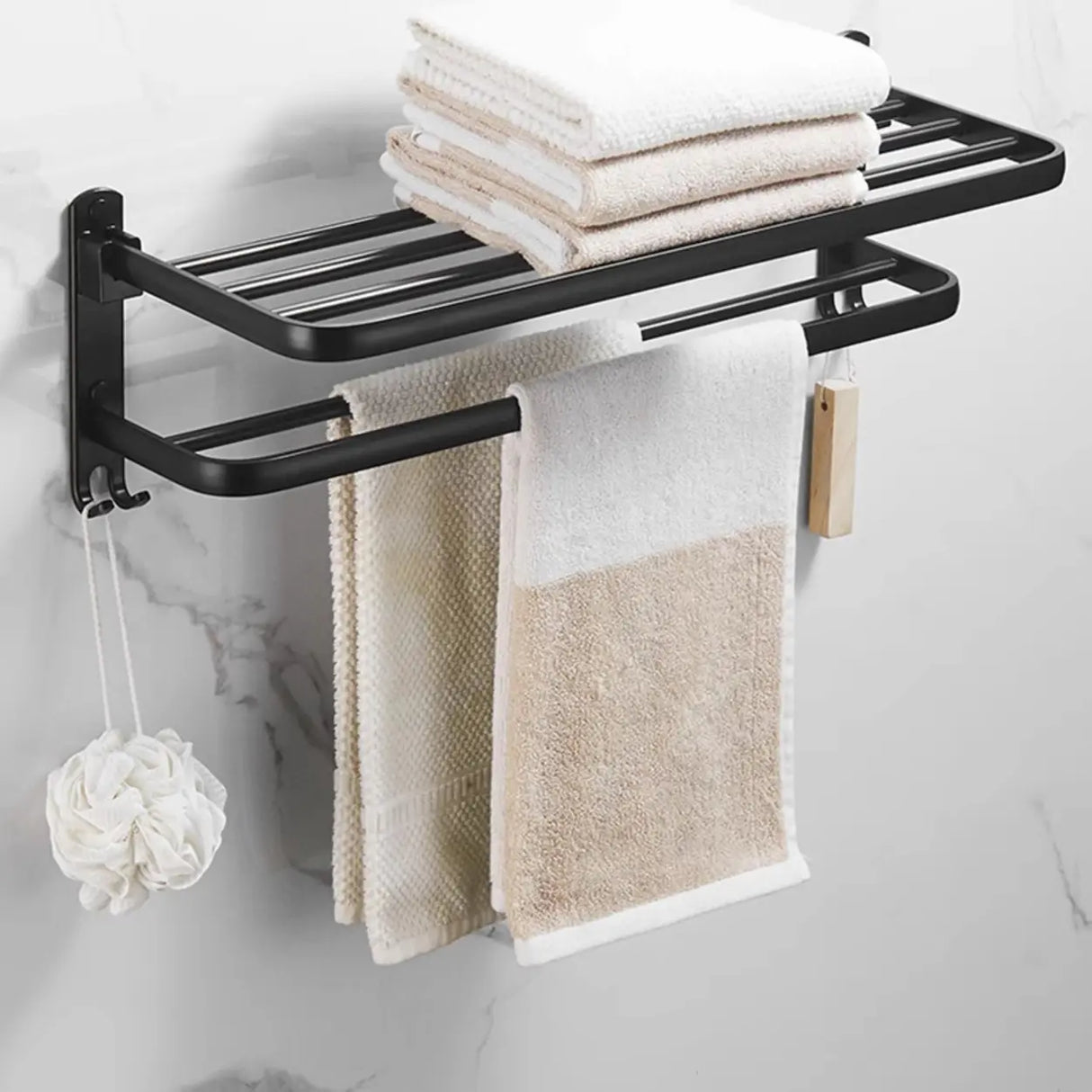 Black Metal Mounting Hardware Bathroom Shelf Set with Hooks Image - 12