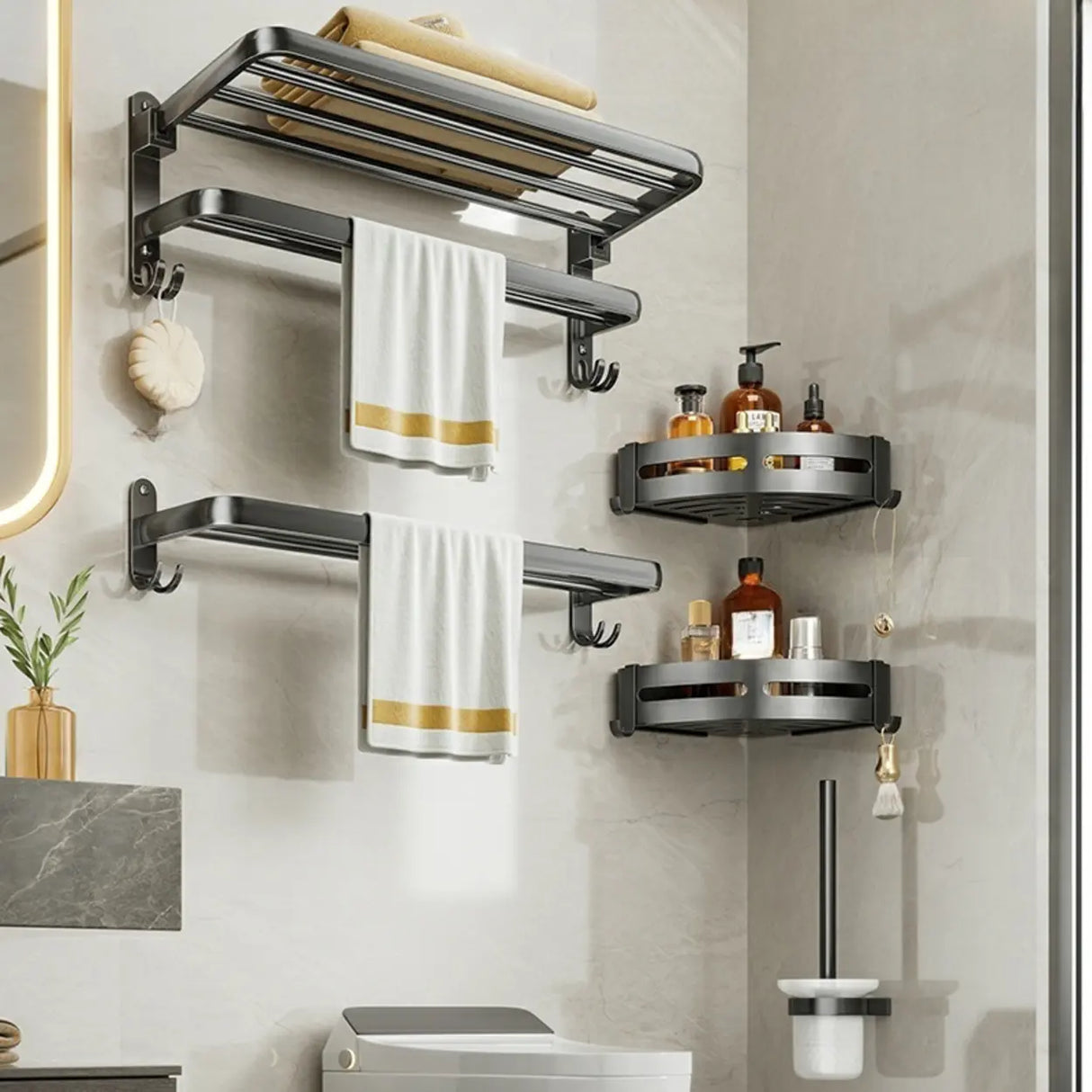 Black Metal Mounting Hardware Bathroom Shelf Set with Hooks Image - 14