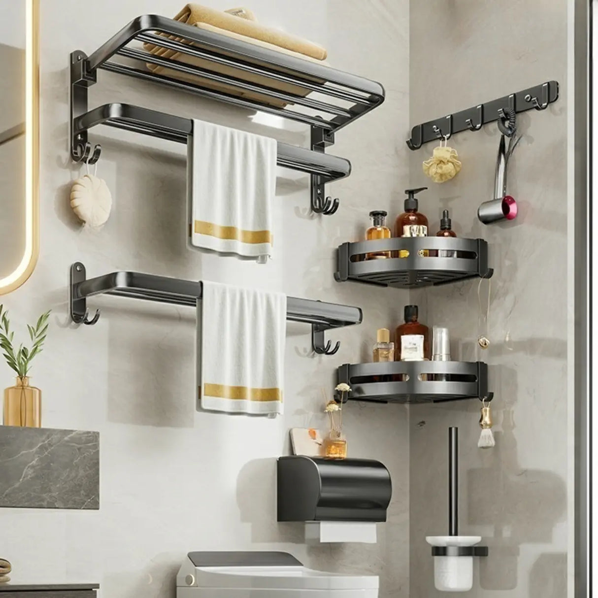 Black Metal Mounting Hardware Bathroom Shelf Set with Hooks Image - 16