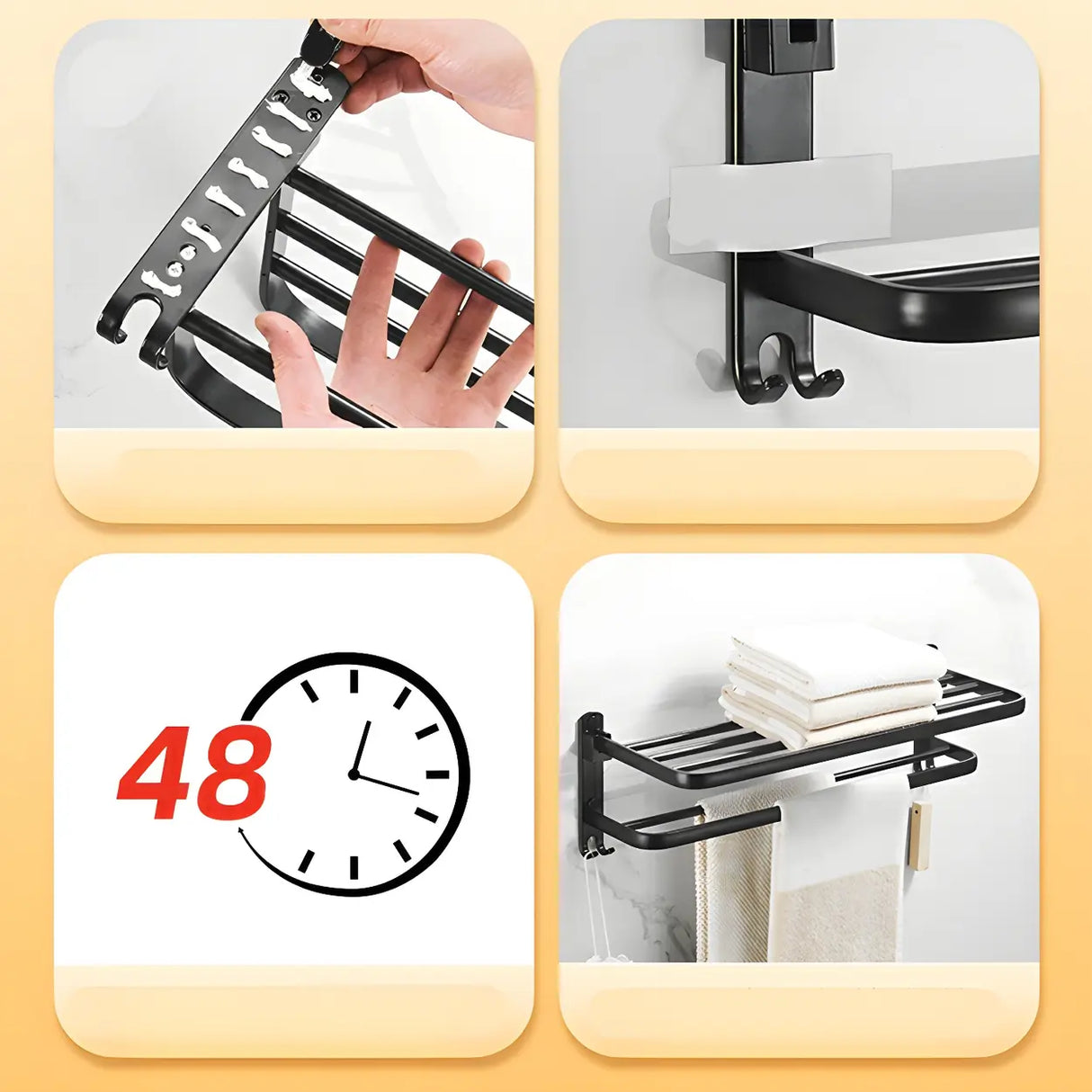 Black Metal Mounting Hardware Bathroom Shelf Set with Hooks Image - 17