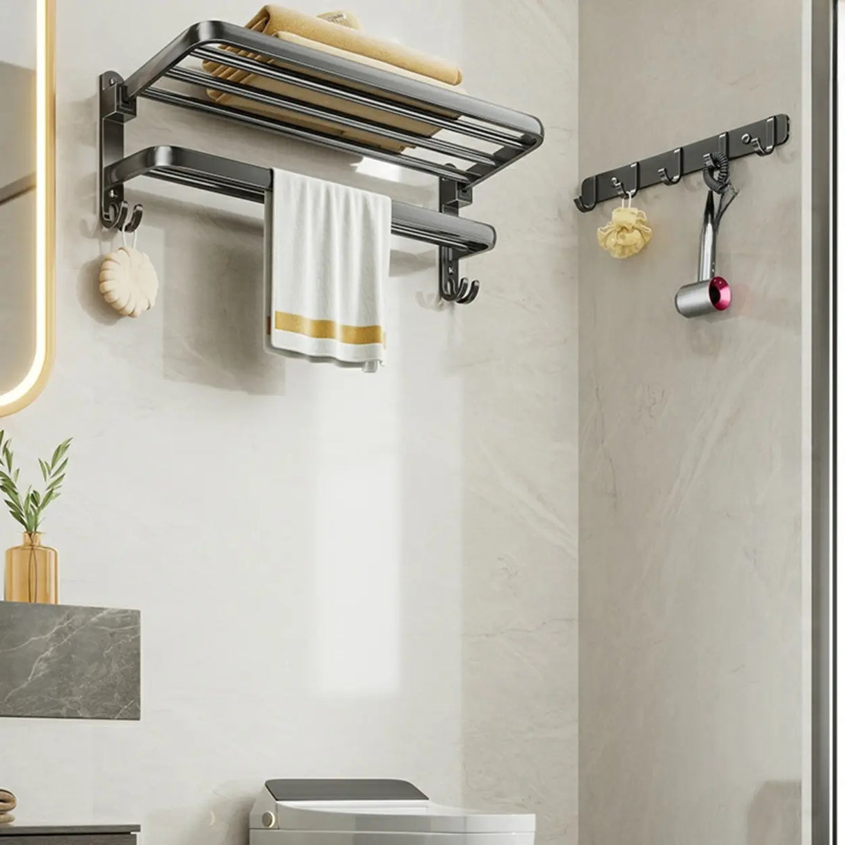 Black Metal Mounting Hardware Bathroom Shelf Set with Hooks Image - 18