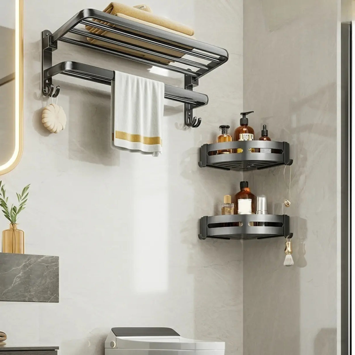 Black Metal Mounting Hardware Bathroom Shelf Set with Hooks Image - 19