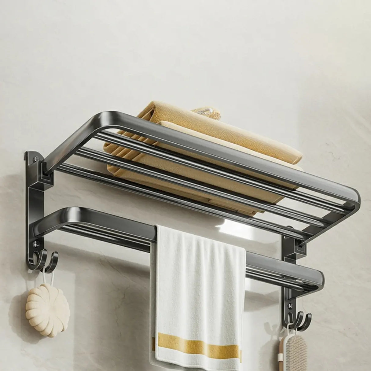 Black Metal Mounting Hardware Bathroom Shelf Set with Hooks Image - 21