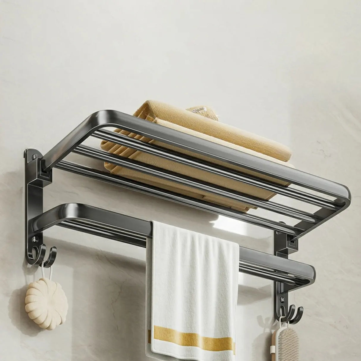 Black Metal Mounting Hardware Bathroom Shelf Set with Hooks Image - 23