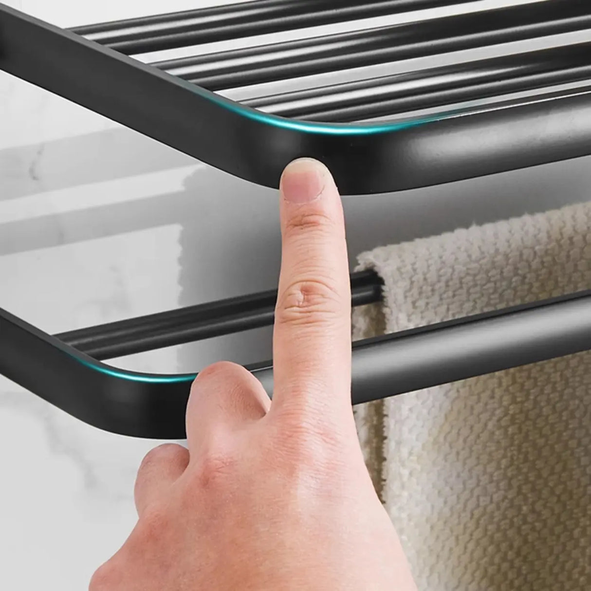 Black Metal Mounting Hardware Bathroom Shelf Set with Hooks Image - 24