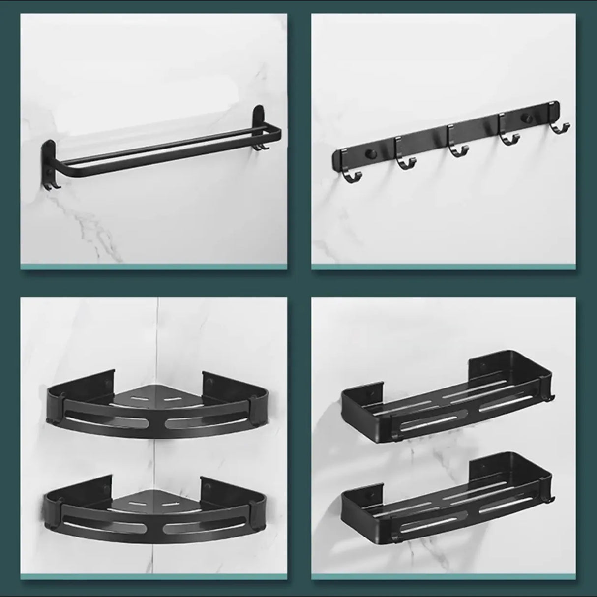 Black Metal Mounting Hardware Bathroom Shelf Set with Hooks Image - 29