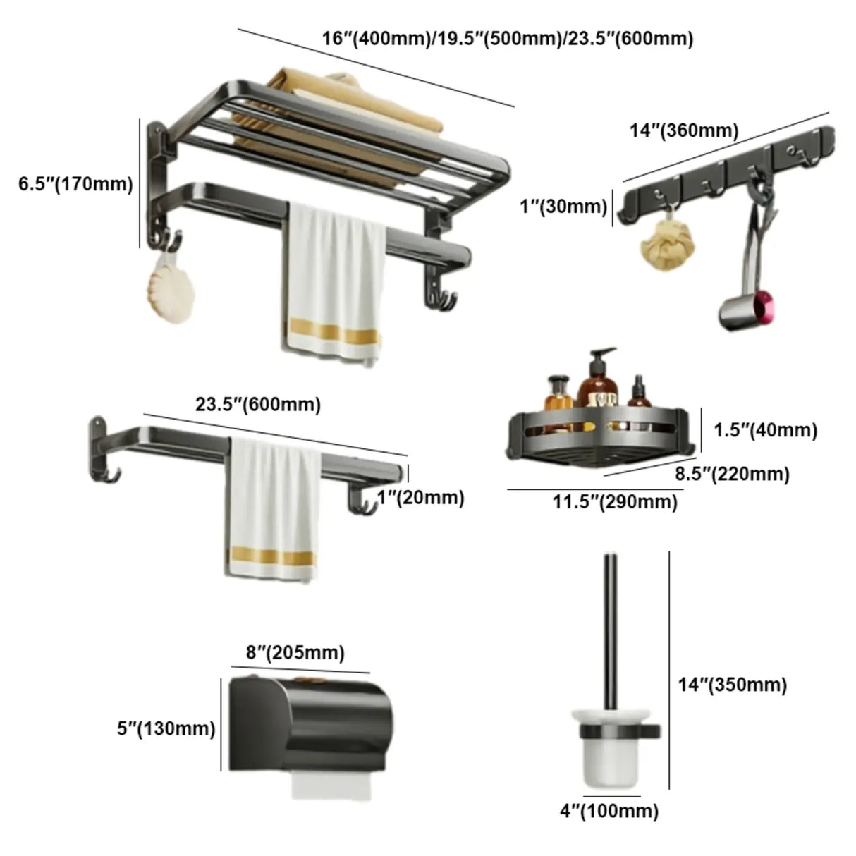 Black Metal Mounting Hardware Bathroom Shelf Set with Hooks