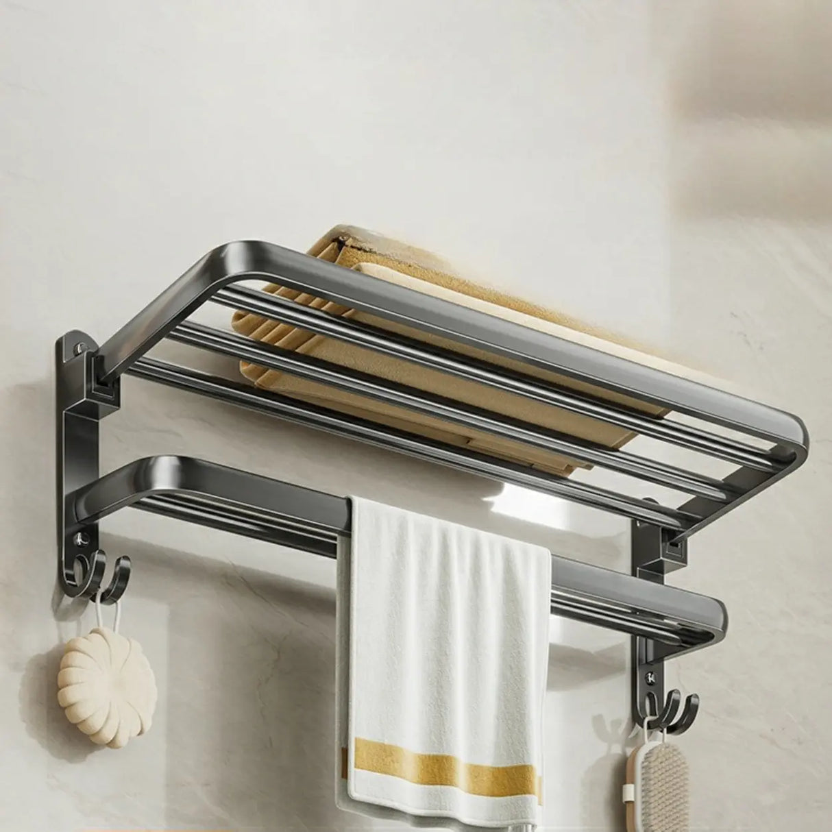 Black Metal Mounting Hardware Bathroom Shelf Set with Hooks Image - 4