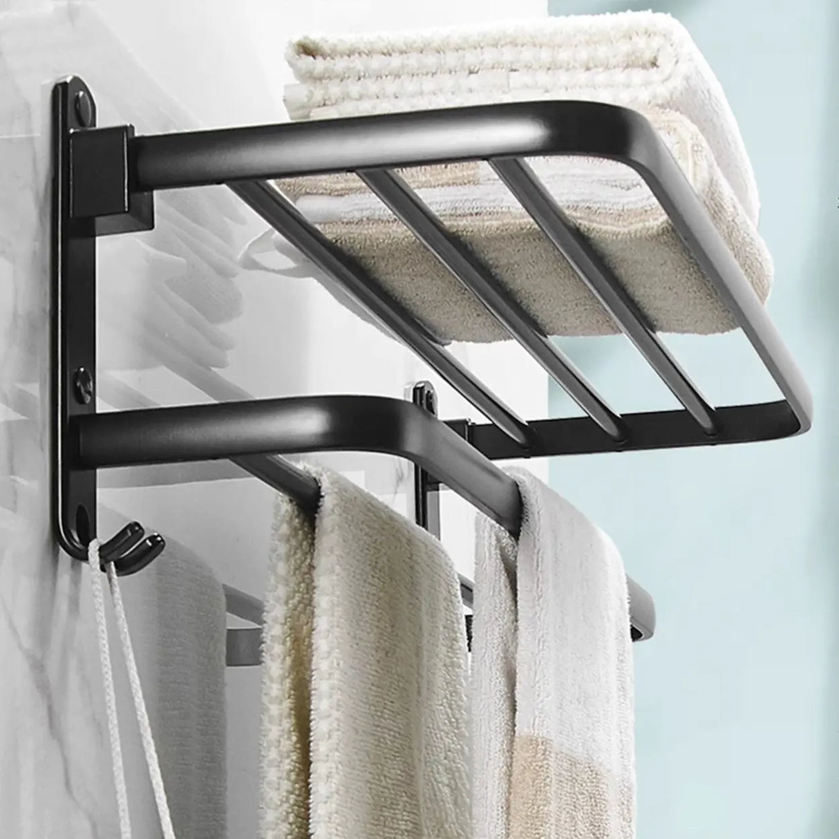 Black Metal Mounting Hardware Bathroom Shelf Set with Hooks Image - 5