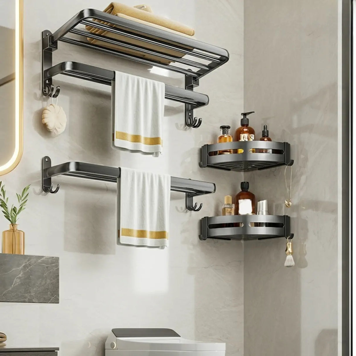 Black Metal Mounting Hardware Bathroom Shelf Set with Hooks Image - 6