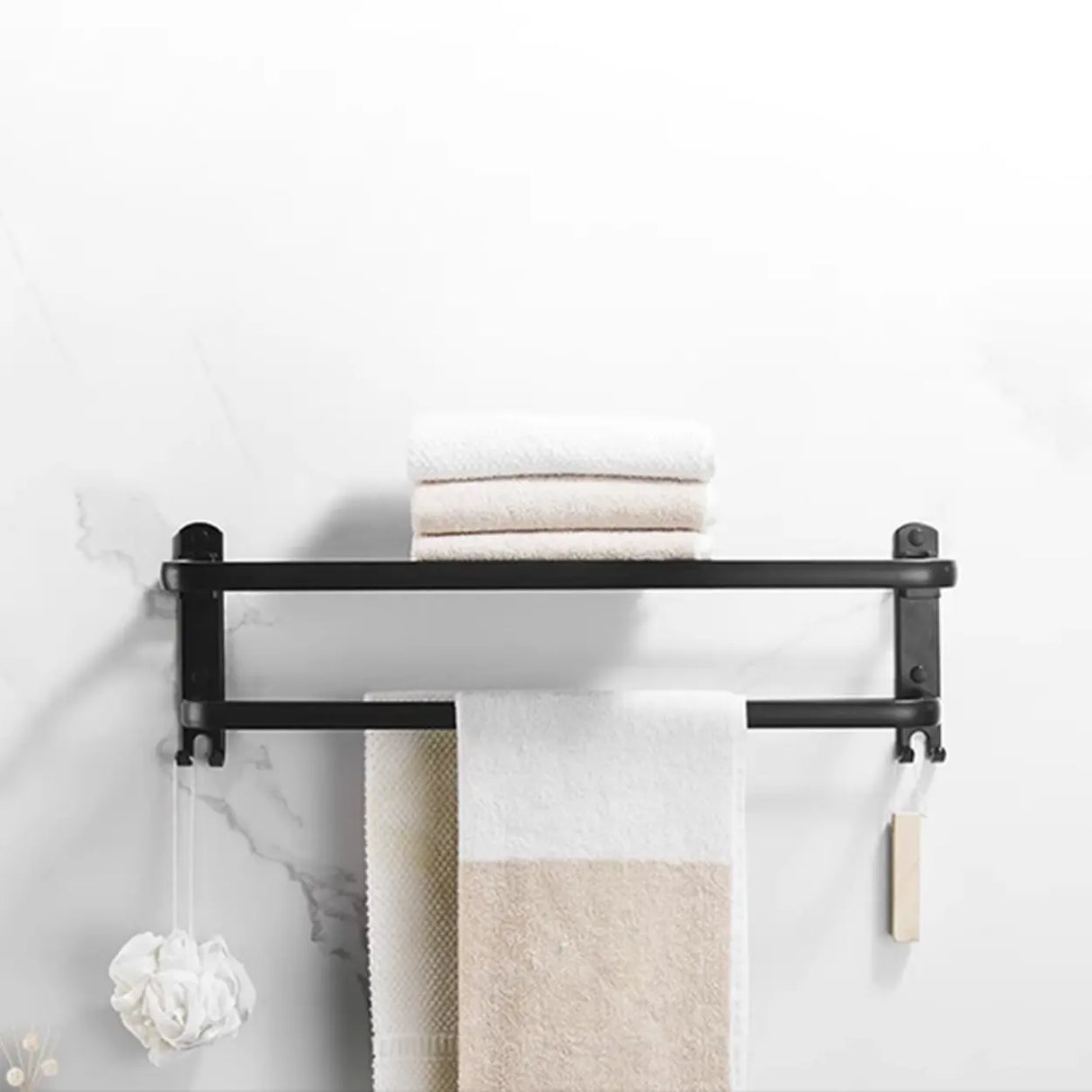 Black Metal Mounting Hardware Bathroom Shelf Set with Hooks Image - 7