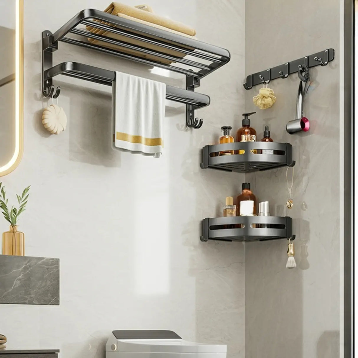 Black Metal Mounting Hardware Bathroom Shelf Set with Hooks Image - 8