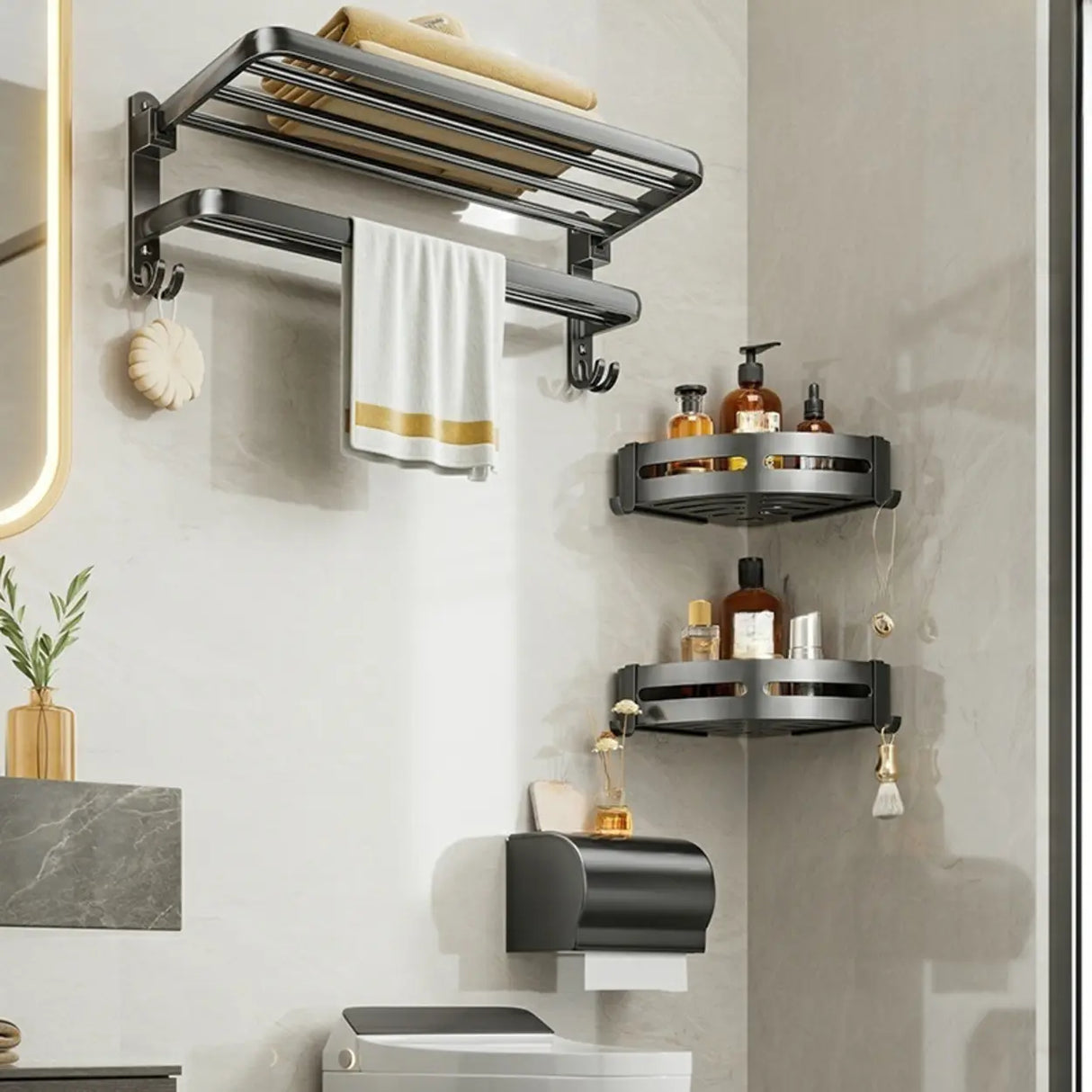 Black Metal Mounting Hardware Bathroom Shelf Set with Hooks Image - 9
