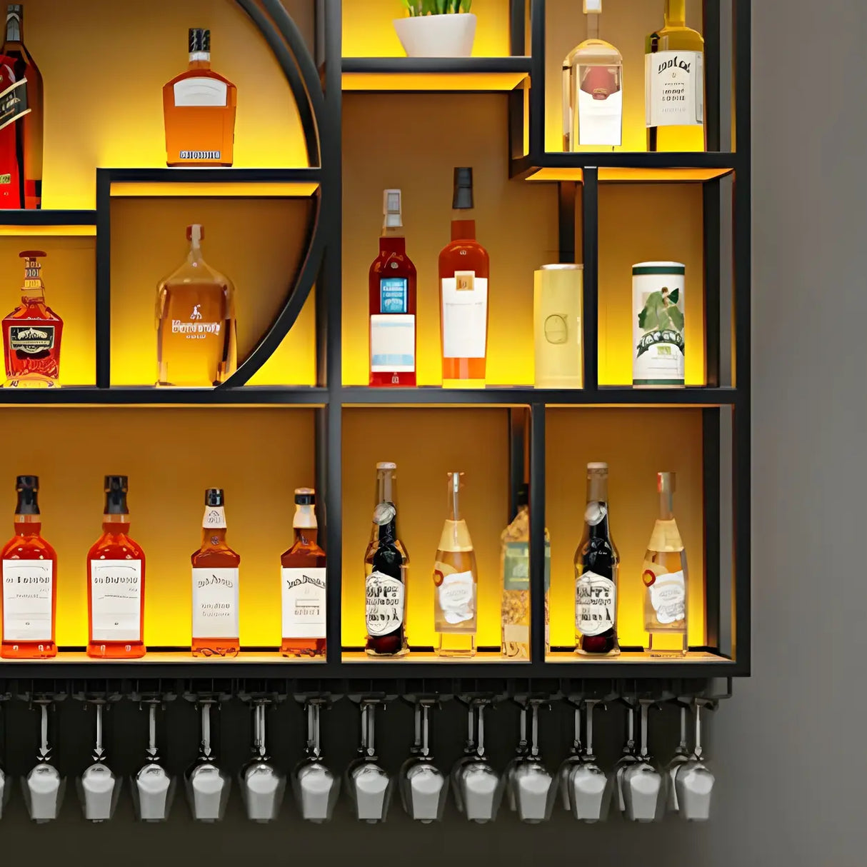 Black Metal Wall-Mounted Wine Rack with Glass Holder Image - 10