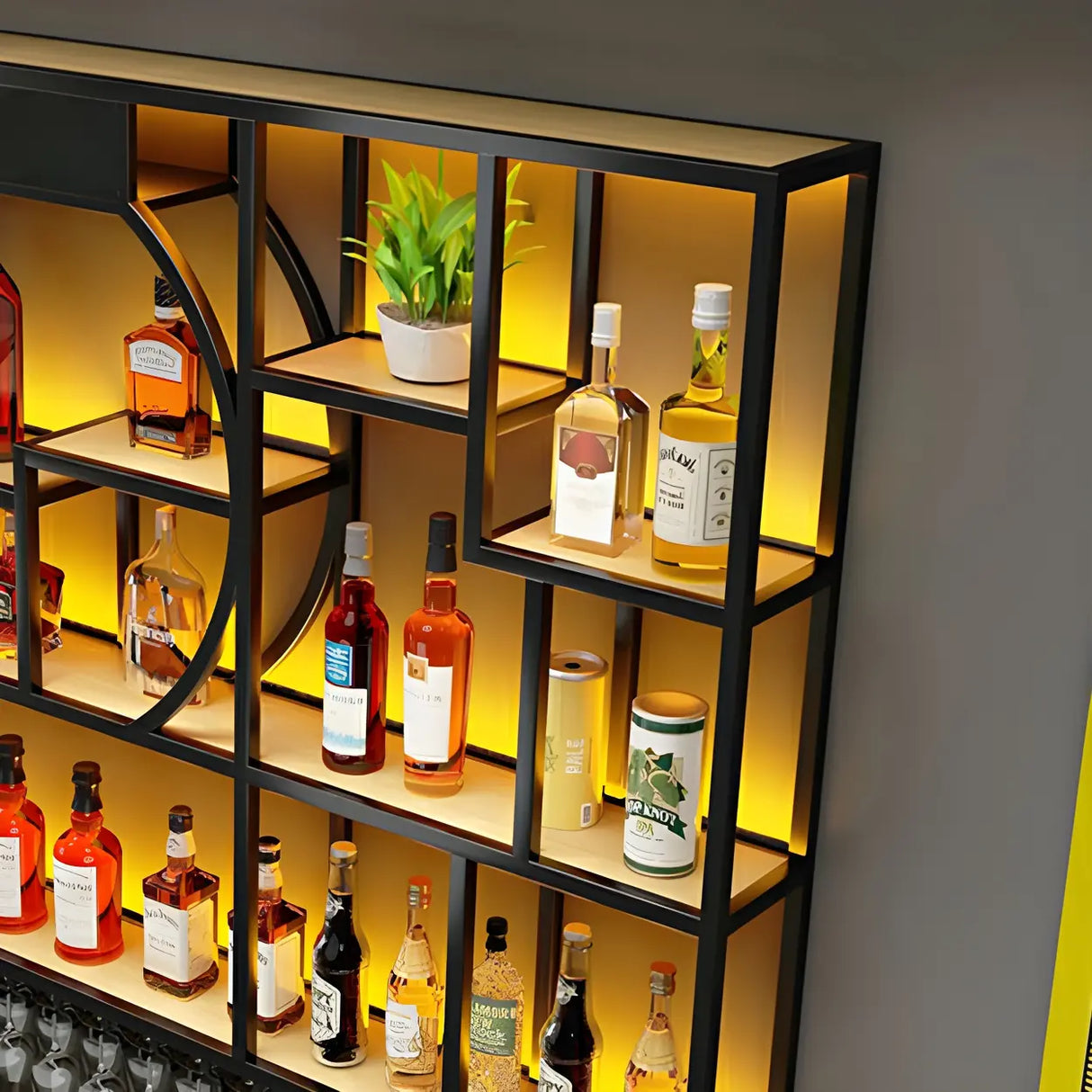 Black Metal Wall-Mounted Wine Rack with Glass Holder Image - 11