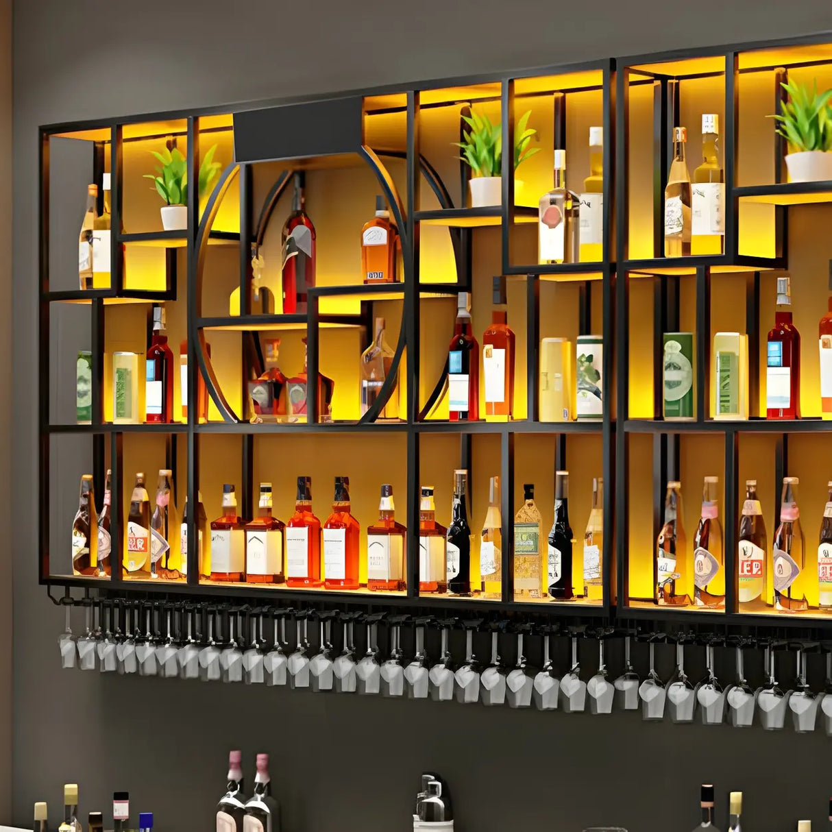 Black Metal Wall-Mounted Wine Rack with Glass Holder Image - 12