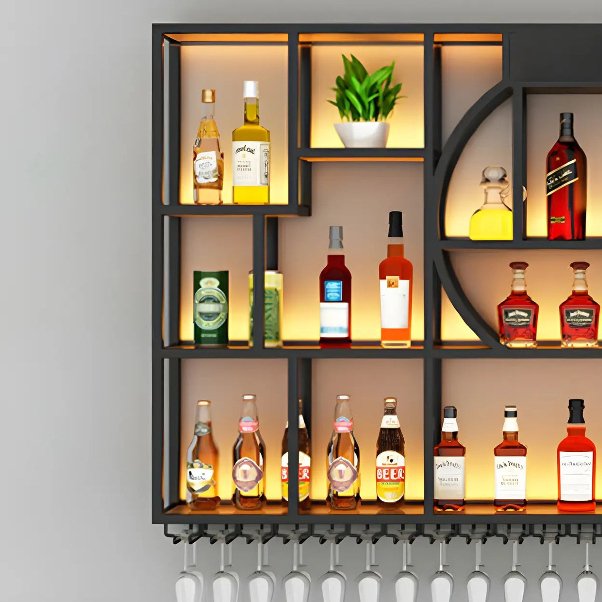 Black Metal Wall-Mounted Wine Rack with Glass Holder Image - 13