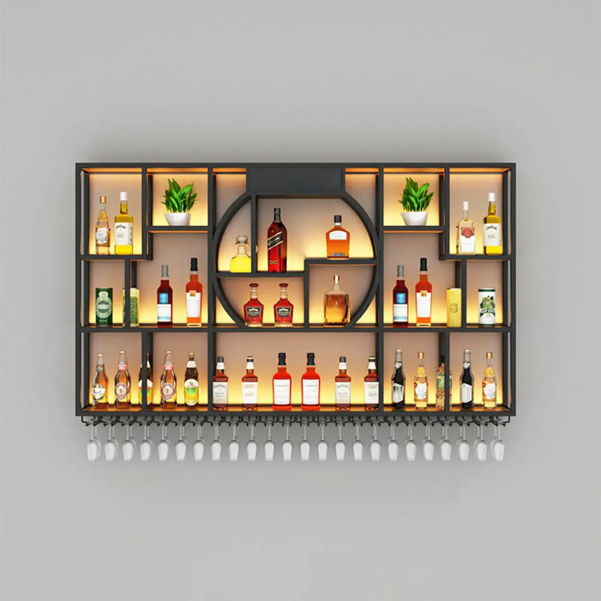 Black Metal Wall-Mounted Wine Rack with Glass Holder Image - 3