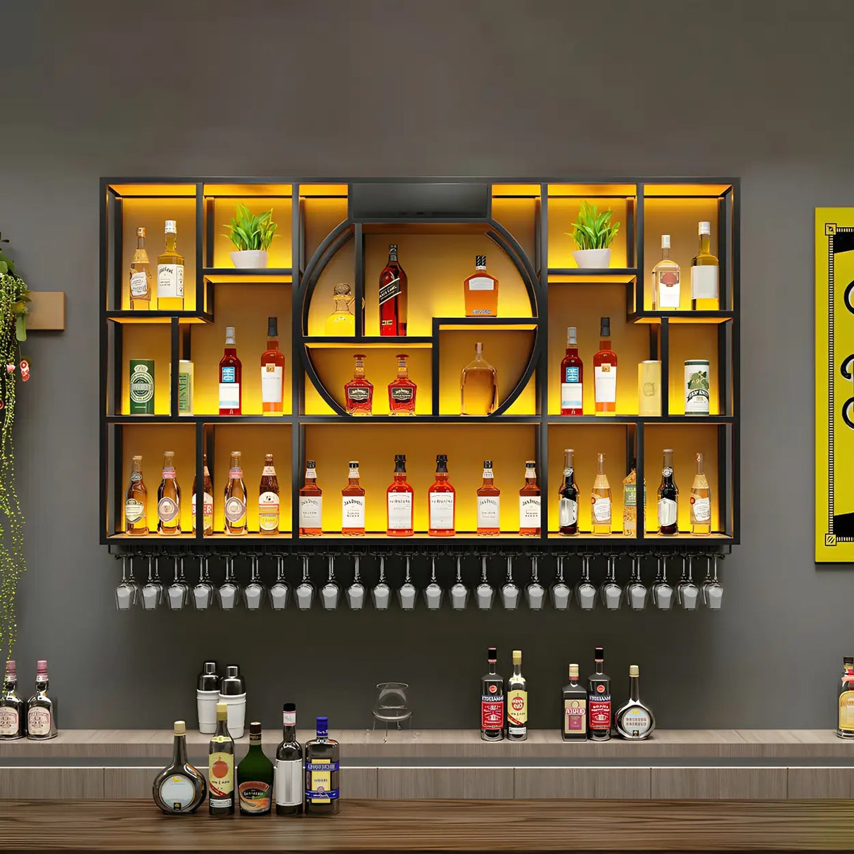 Black Metal Wall-Mounted Wine Rack with Glass Holder Image - 4