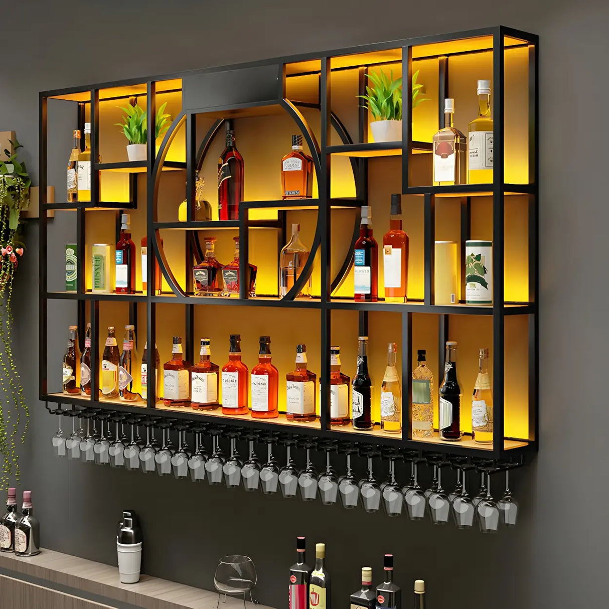 Black Metal Wall-Mounted Wine Rack with Glass Holder Image - 6