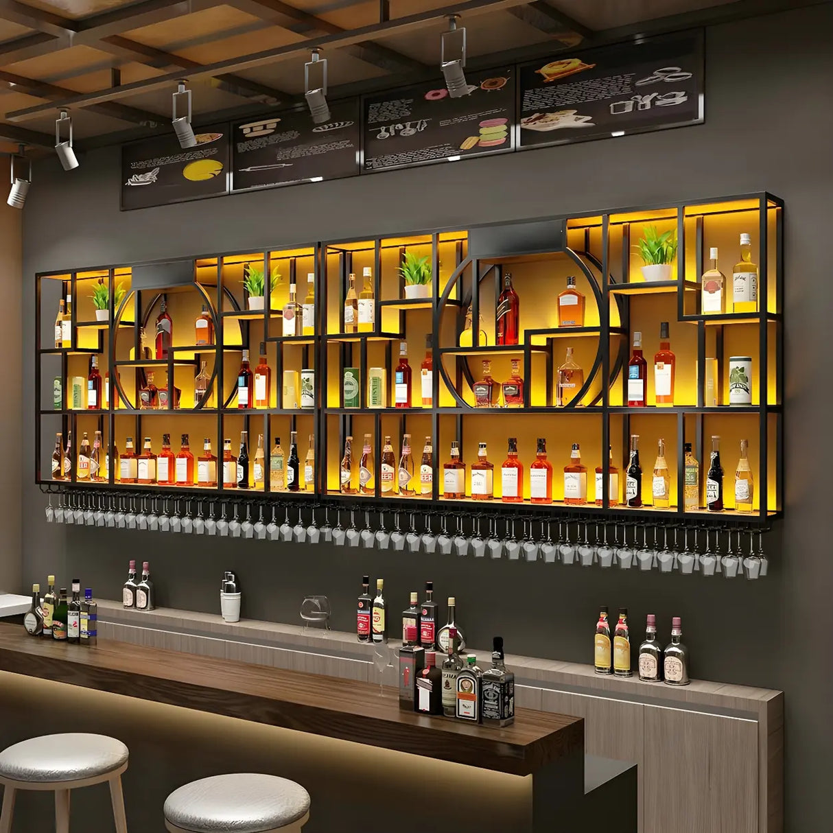 Black Metal Wall-Mounted Wine Rack with Glass Holder Image - 8