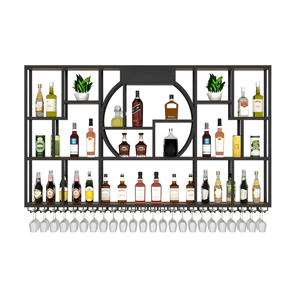 Black Metal Wall-Mounted Wine Rack with Glass Holder Image - 9