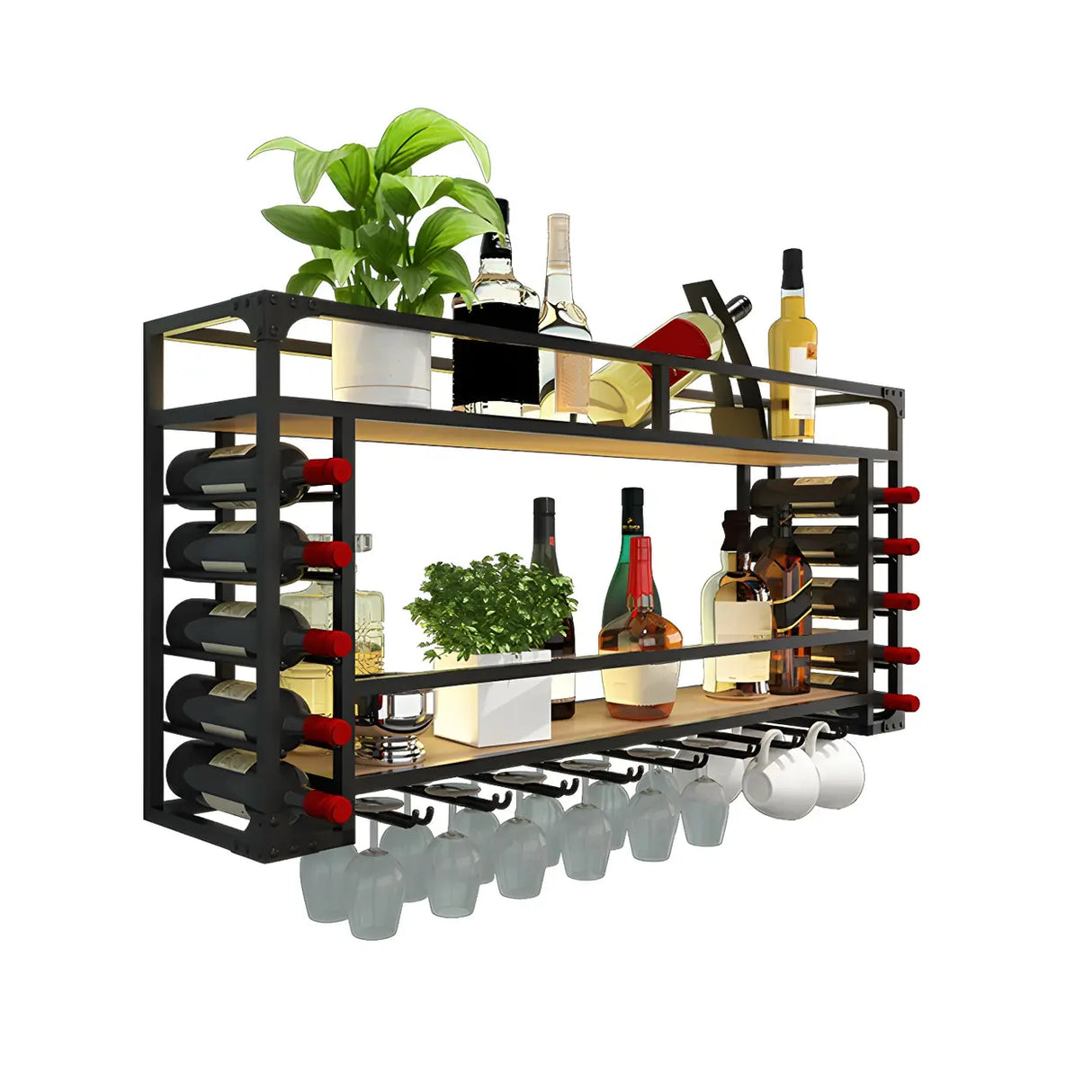 Black Modern Iron Floating Wall Wine Rack with Glass Holder Image - 10