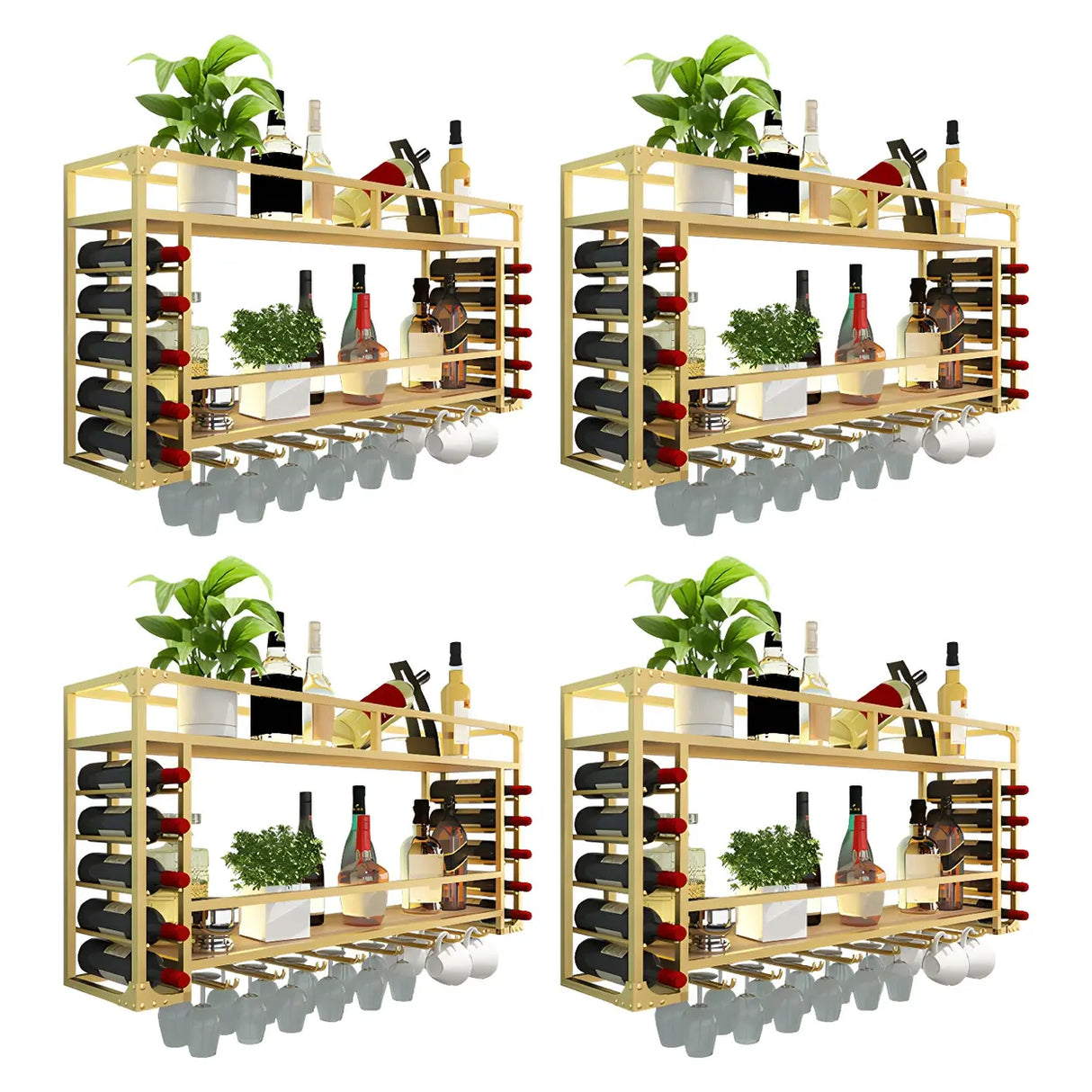 Black Modern Iron Floating Wall Wine Rack with Glass Holder Image - 11