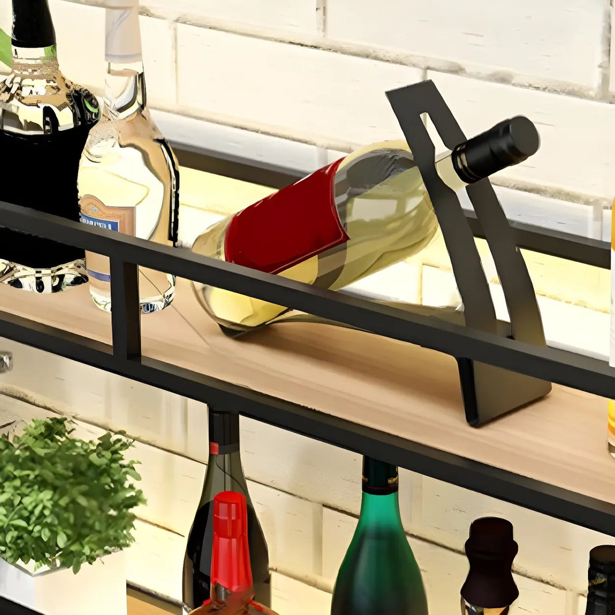 Black Modern Iron Floating Wall Wine Rack with Glass Holder Image - 13